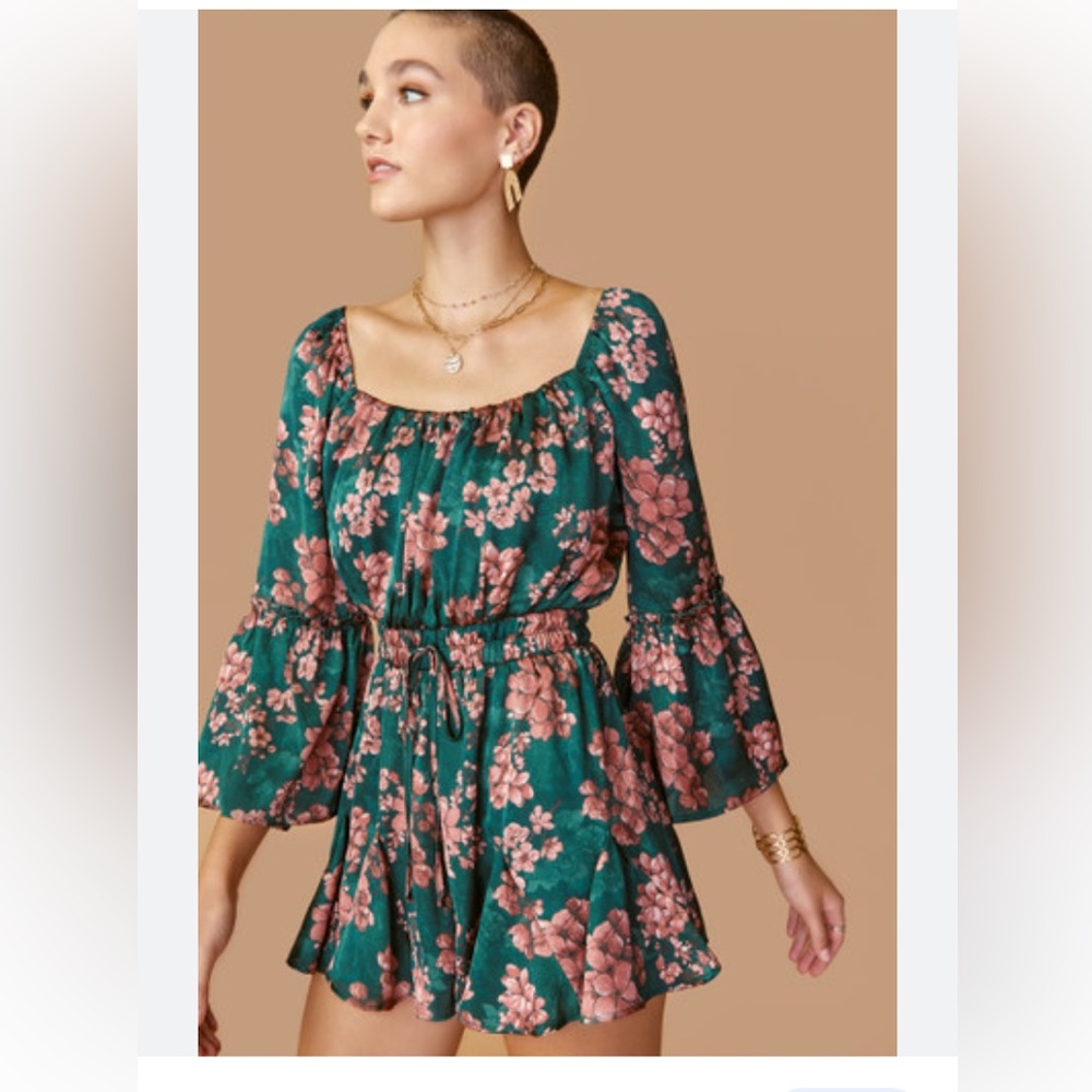 miami Francesca’s Lela Satin Floral Godet Romper 3/4 Sleeve - Size S